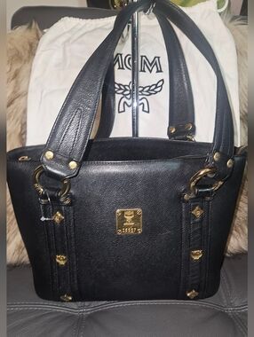 MCM Black Leather Shoulder Bag with Gold Accents
